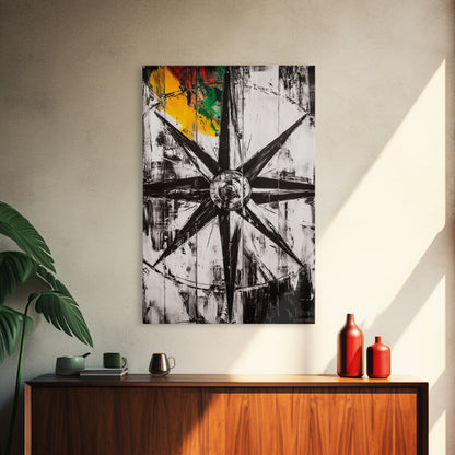 Kompassrose, nautisches Symbol, abstraktes Design, Leinwanddruck, Schwarz-Weiß-Kunst, Küsten-Wanddekoration, moderne minimalistische Kunst