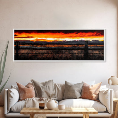 Western Sunset, Mountain Landscape Print, Rustic Cowboy Art, Dramatic Sky Painting, Country Wall Decor, Framed Canvas Print, Large Wall Art