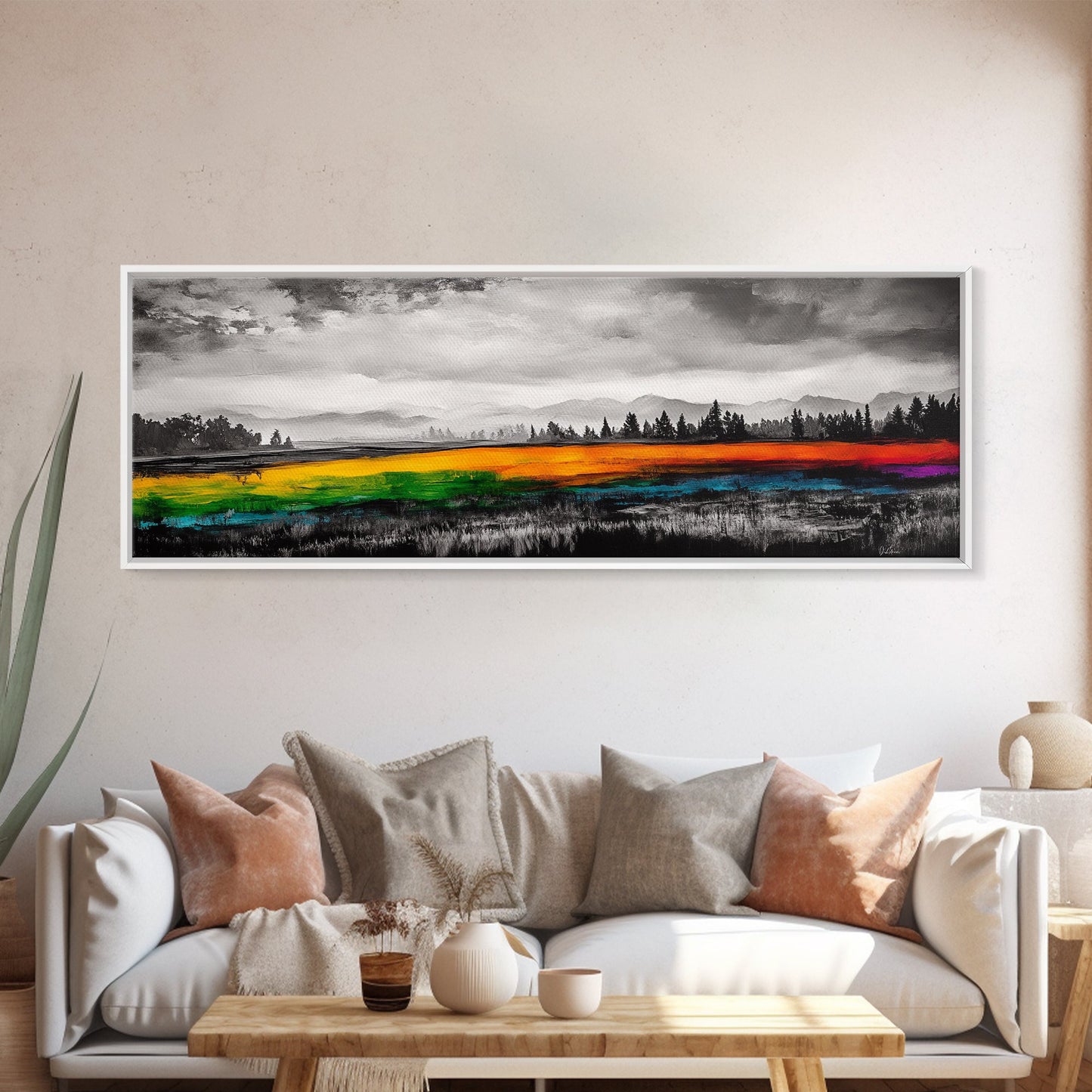 Autumn Colorful Meadow, Vibrant Landscape Art, Fall Home Decor, Modern Impressionist Style, Framed Canvas Print, Entryway Wall Art