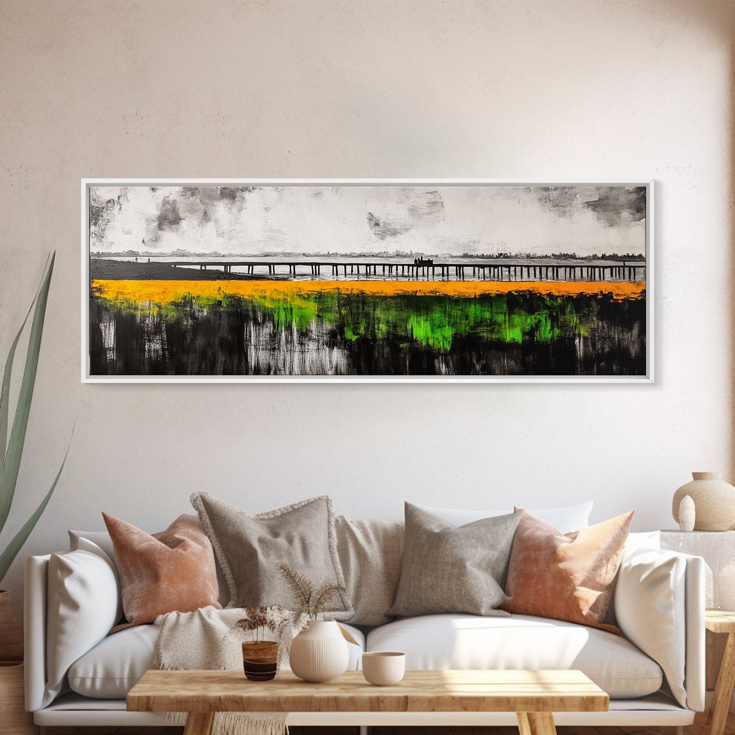 Lakeside Reflection, Golden Meadow, Dramatic Sky, Framed Canvas Print, Landscape Wall Art, Nature Inspired Art, Bedroom Wall Decor, Rustic Charm