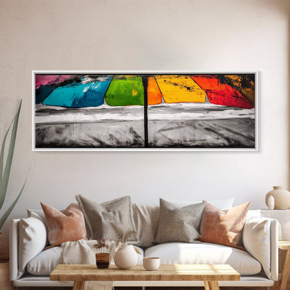 Colorful Umbrella Art, Abstract Beach Painting, Coastal Modern Decor, Vibrant Seaside Print, Bold Canvas Print, Framed Canvas Print