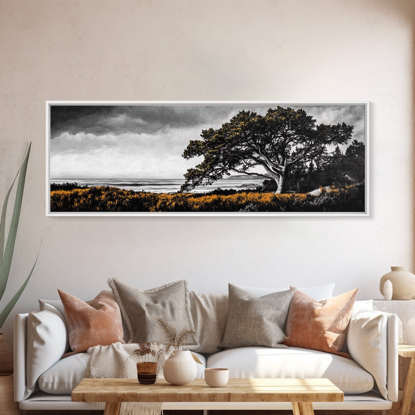 Lone Tree, Coastal Landscape, Nature Painting, Dramatic Sky, Canvas Print, Serene Wall Art, Living Room Decor, Zen Artwork