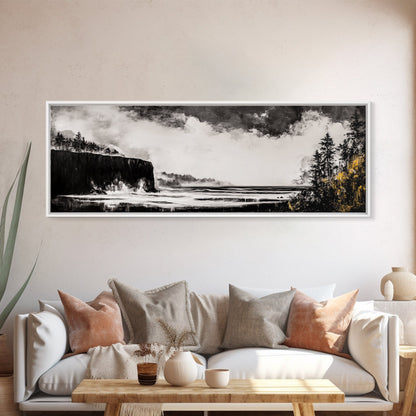 Steilküste, dramatisches Meerespanorama, stimmungsvolle Küste, monochrom, gerahmter Leinwanddruck, Küsten-Wandkunst, nautische Dekoration, großes Wandbild