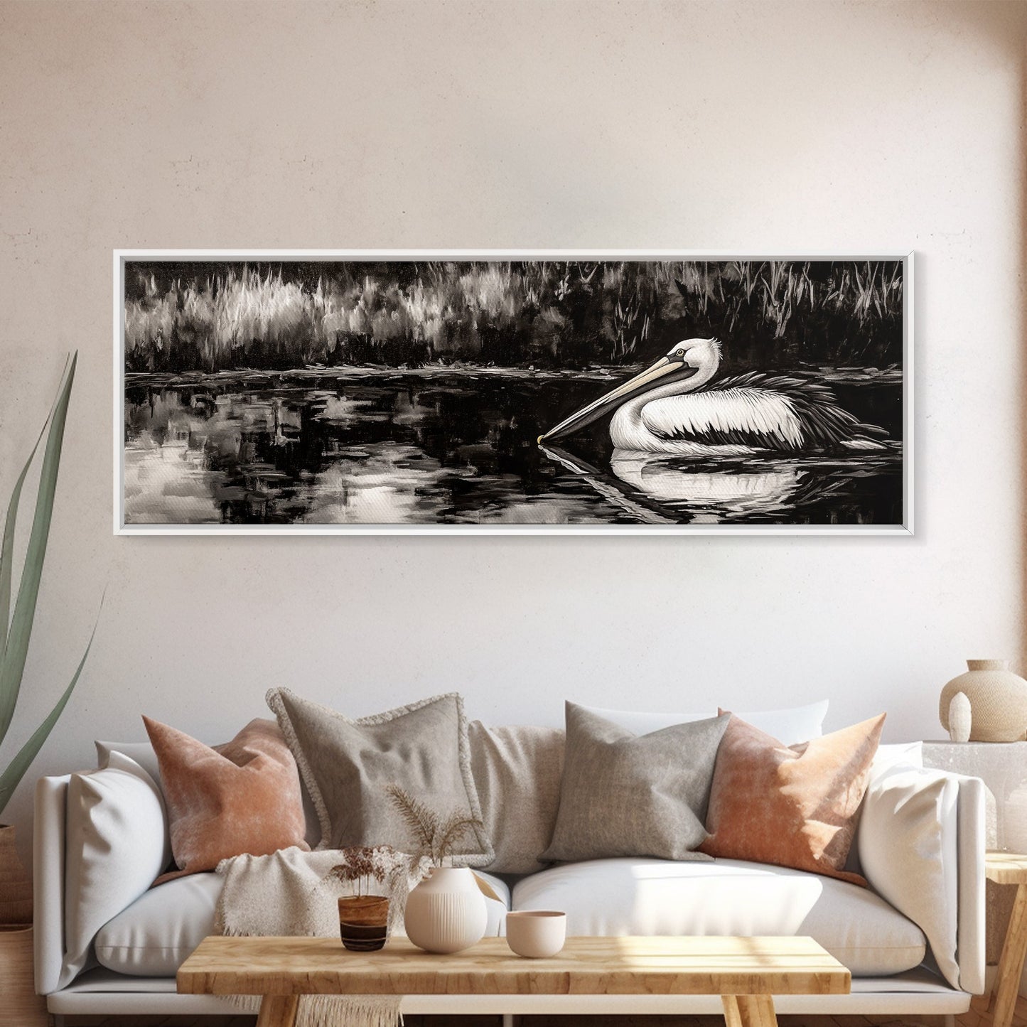 Pelican Reflection, Black White, Wildlife Art, Canvas Print, Nature Wall Art, Coastal Home Decor, Bird Lovers Gift, Monochrome Photography