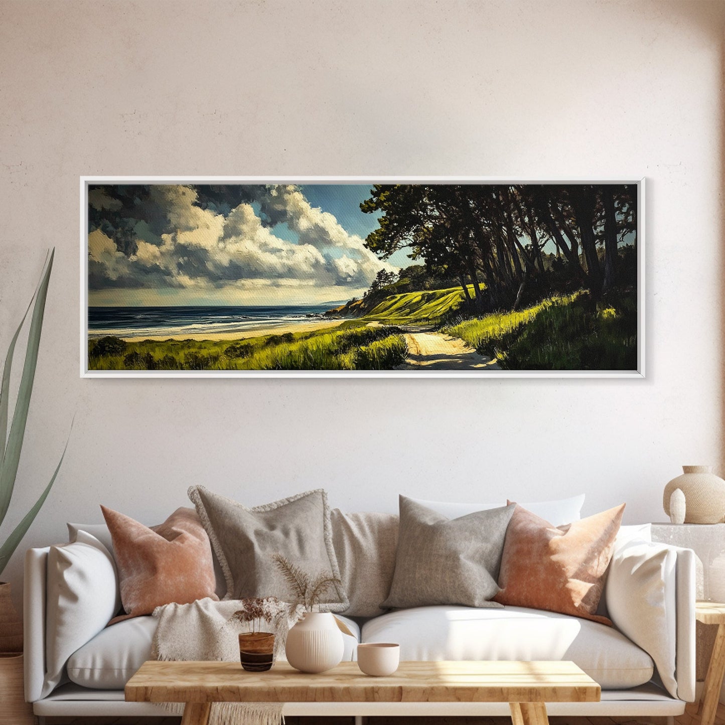 Coastal Path, Ocean View, Beach Landscape, Tranquil Art Print, Blue Green Decor, Relaxing Wall Art, Framed Canvas Print, Housewarming