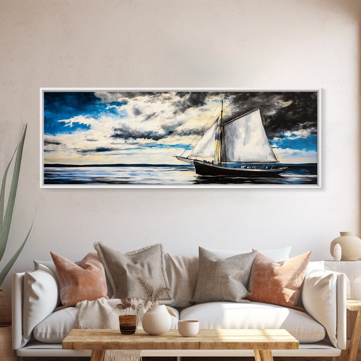 Sailing Boat, Ocean Art, Framed Canvas Print, Nautical Wall Art, Coastal Decor, Blue Sky Painting, Large Wall Art, Office Decor