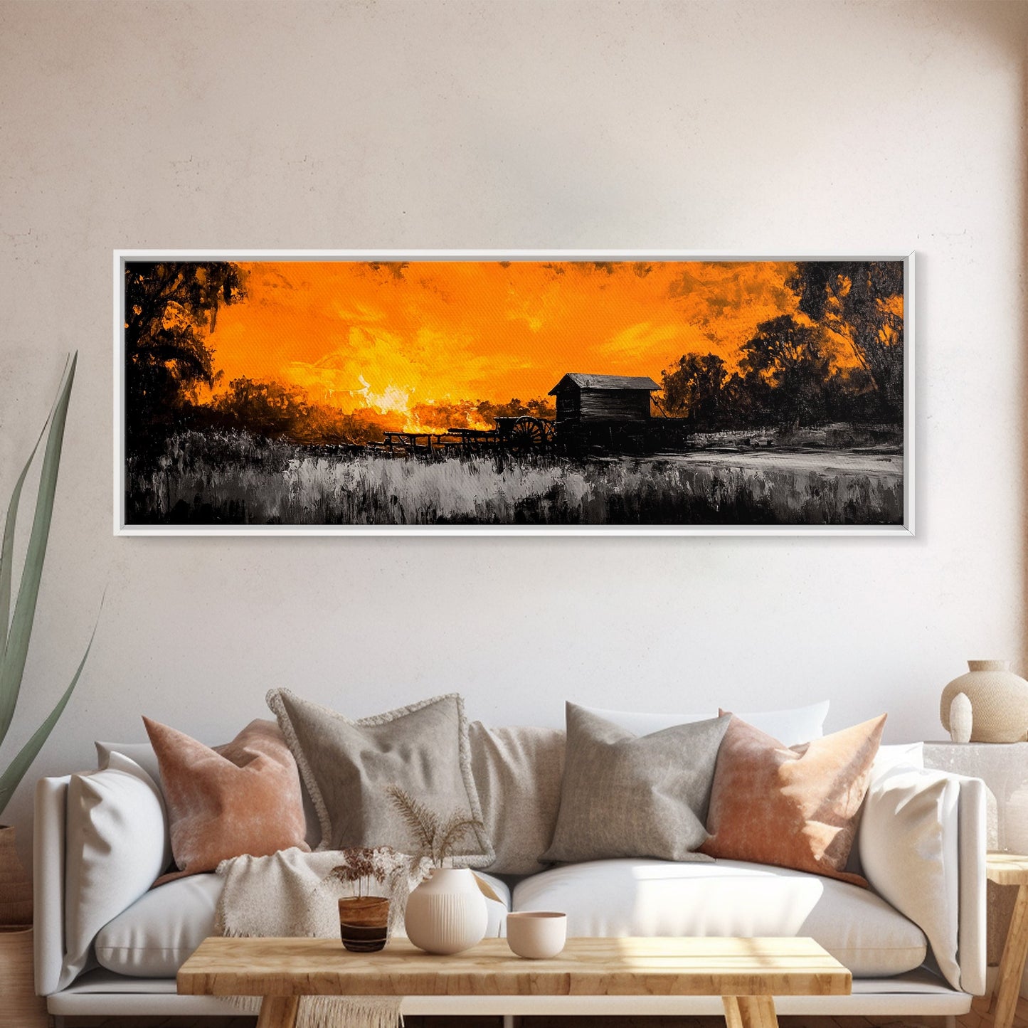 Farm Sunset, Old Barn, Fiery Sky, Rustic Landscape, Framed Canvas Print, Country Wall Art, Western Home Decor, Harvest Season Artwork