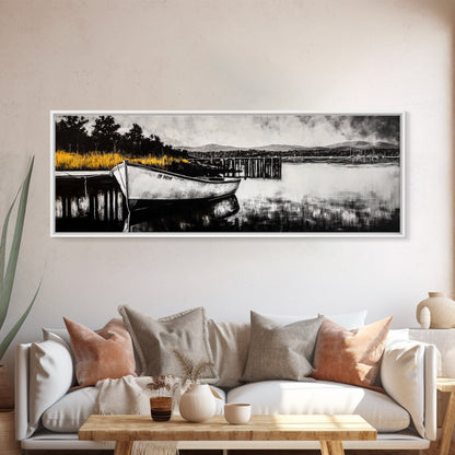 Rustic Boat, Black and White, Nautical Wall Art, Coastal Home Decor, Lake House Art, Large Wall Art, Framed Canvas Print, Living Room Art