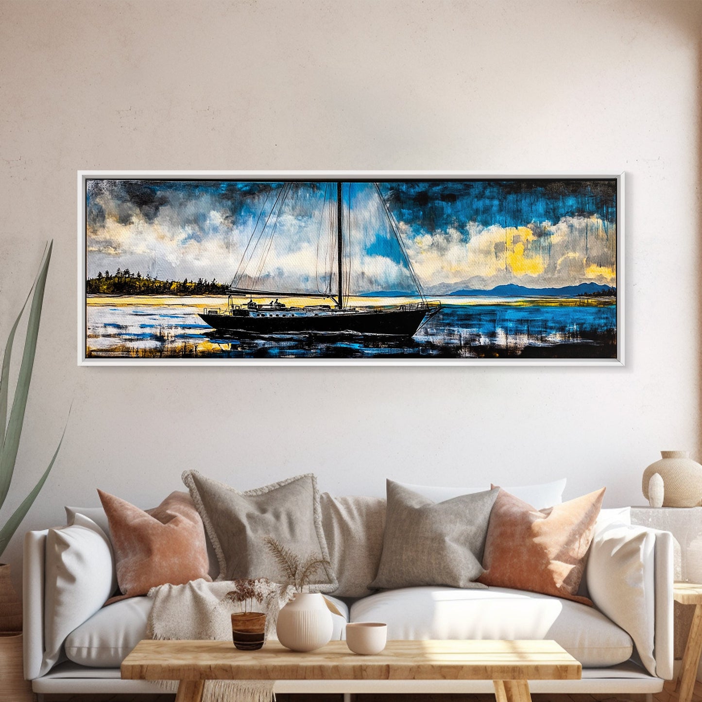 Sailboat, Nautical Wall Art, Ocean Sunset, Framed Canvas Print, Coastal Decor, Maritime Painting, Large Wall Art, Serene Water Scene