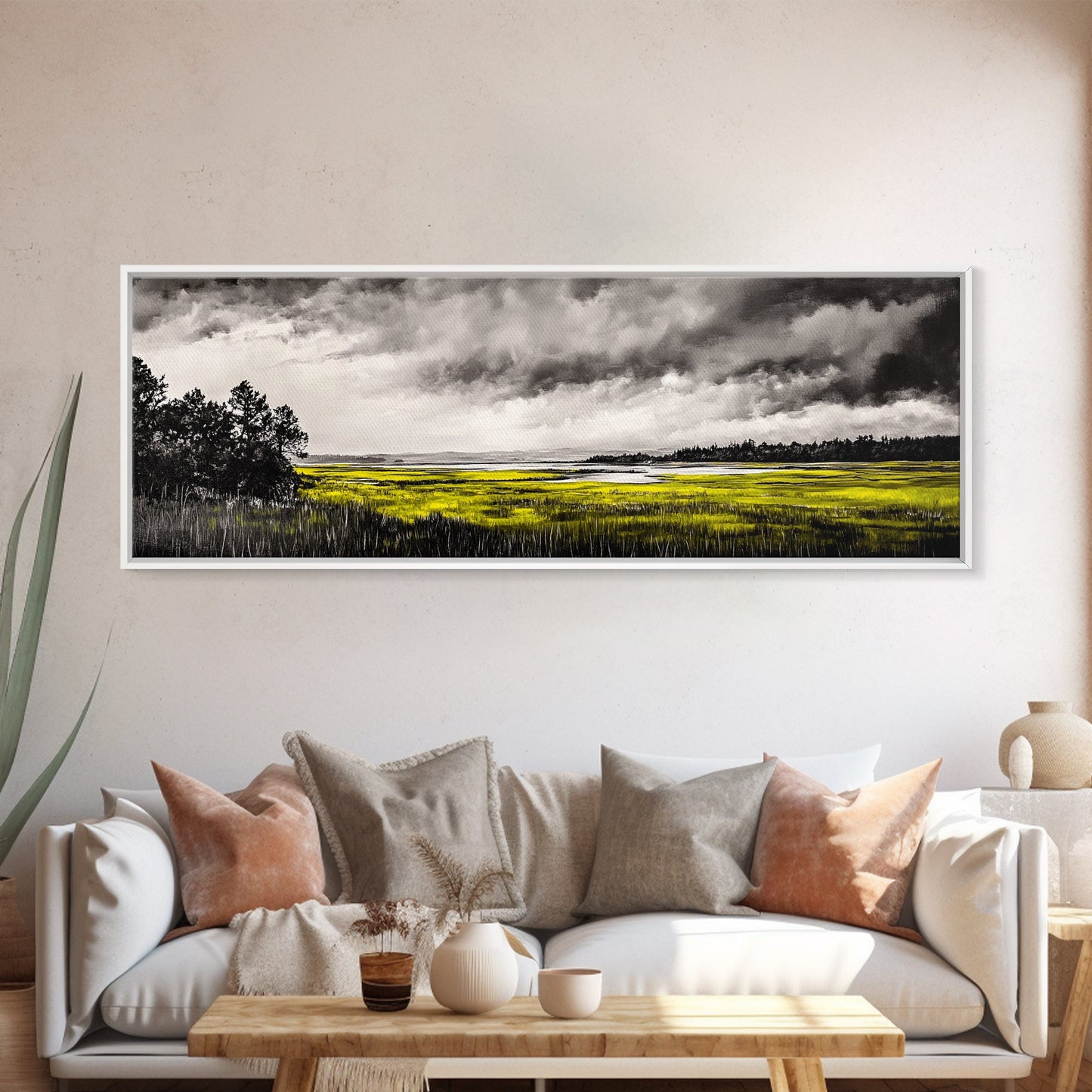 Marshland Storm, Nature Landscape, Canvas Print, Black and White Wall Art, Moody Home Decor, Living Room Artwork, Dramatic Painting, Rustic Style