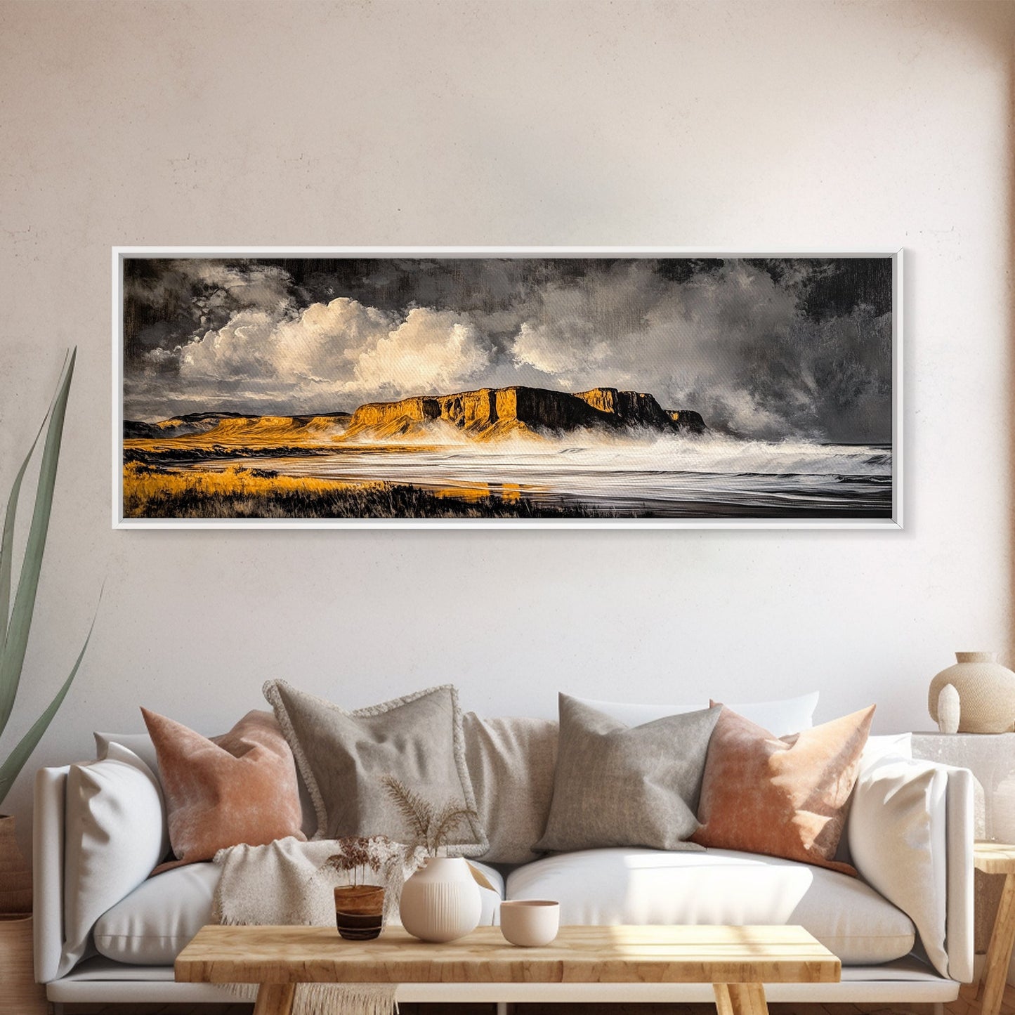 Mountain Coastline, Ocean Waves, Dramatic Sky, Canvas Print, Rugged Seascape Painting, Nature Wall Art, Living Room Accent Piece