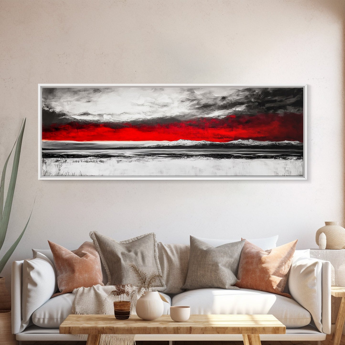 Red Sky Landscape, Dramatic Sunset Painting, Abstract Mountain Art, Modern Wall Art, Bold Color Decor, Office Wall Art, Framed Canvas Print