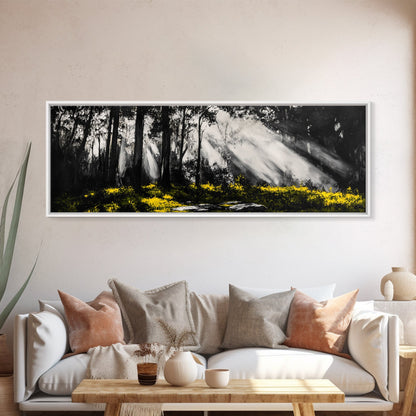 Sunbeam Forest Art, Black and White Painting, Abstract Landscape, Rustic Home Decor, Mystical Woods Artwork, Living Room Wall Art, Canvas Print