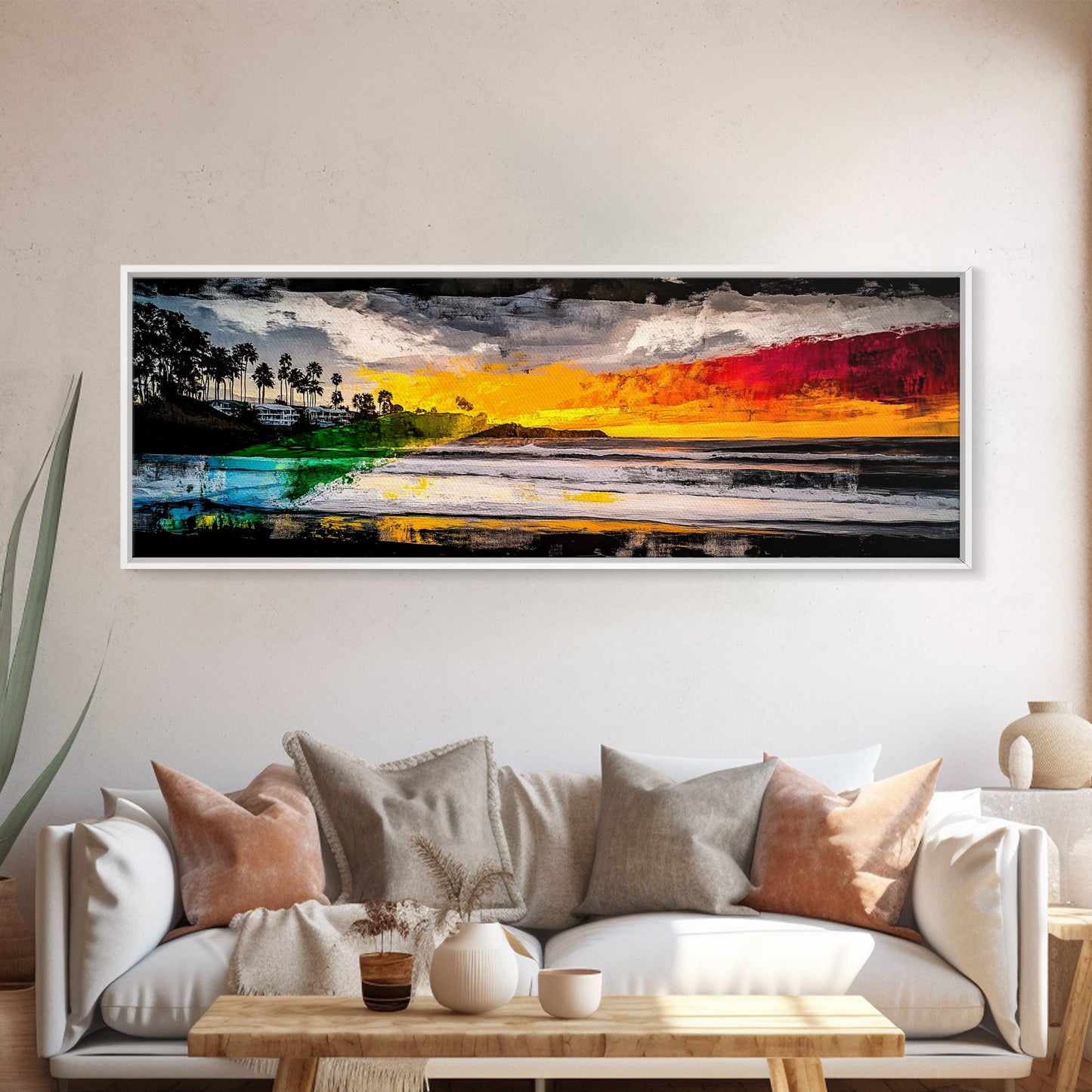 Pier, Ocean, Sunset, Framed Canvas Print, Nautical Wall Art, Coastal Home Decor, Minimalist Seascape, Surf Beach Art, Large Modern Painting