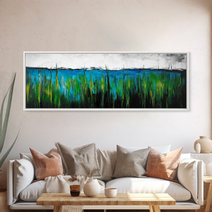 Ocean Grass, Coastal Wall Art, Blue Green Abstract, Framed Canvas Print, Beach House Decor, Serene Art, Minimalist Seascape, Tranquil Home Decor