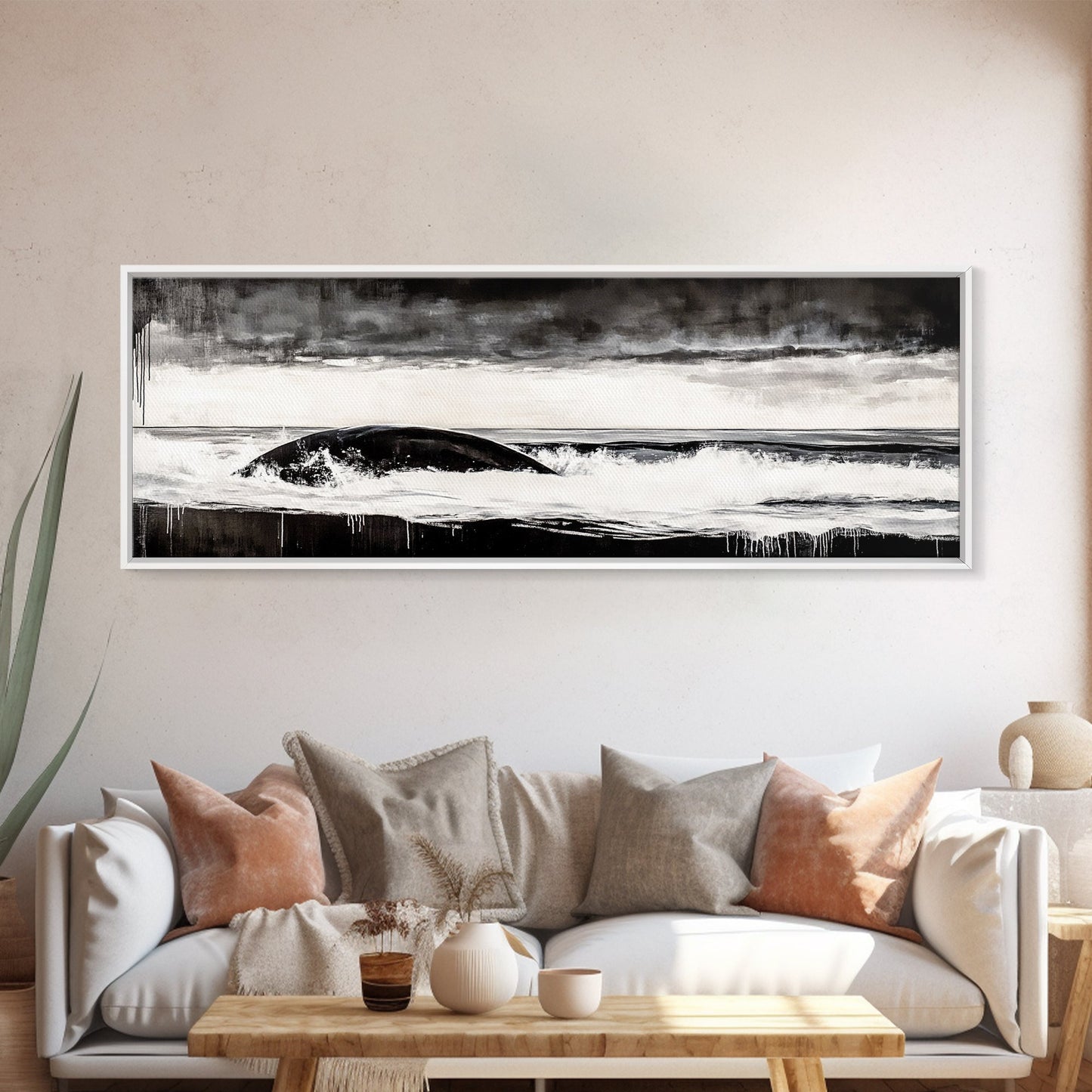 Ocean Wave, Moody Seascape, Black and White Art, Framed Canvas Print, Stormy Water, Coastal Home Decor, Nautical Wall Art, Large Statement Piece