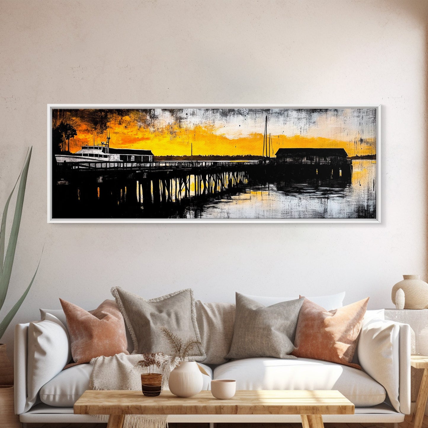Sunset Pier, Coastal Wall Art, Nautical Art, Framed Canvas Print, Rustic Wall Decor, Boho Art, Living Room Art, Boat Painting