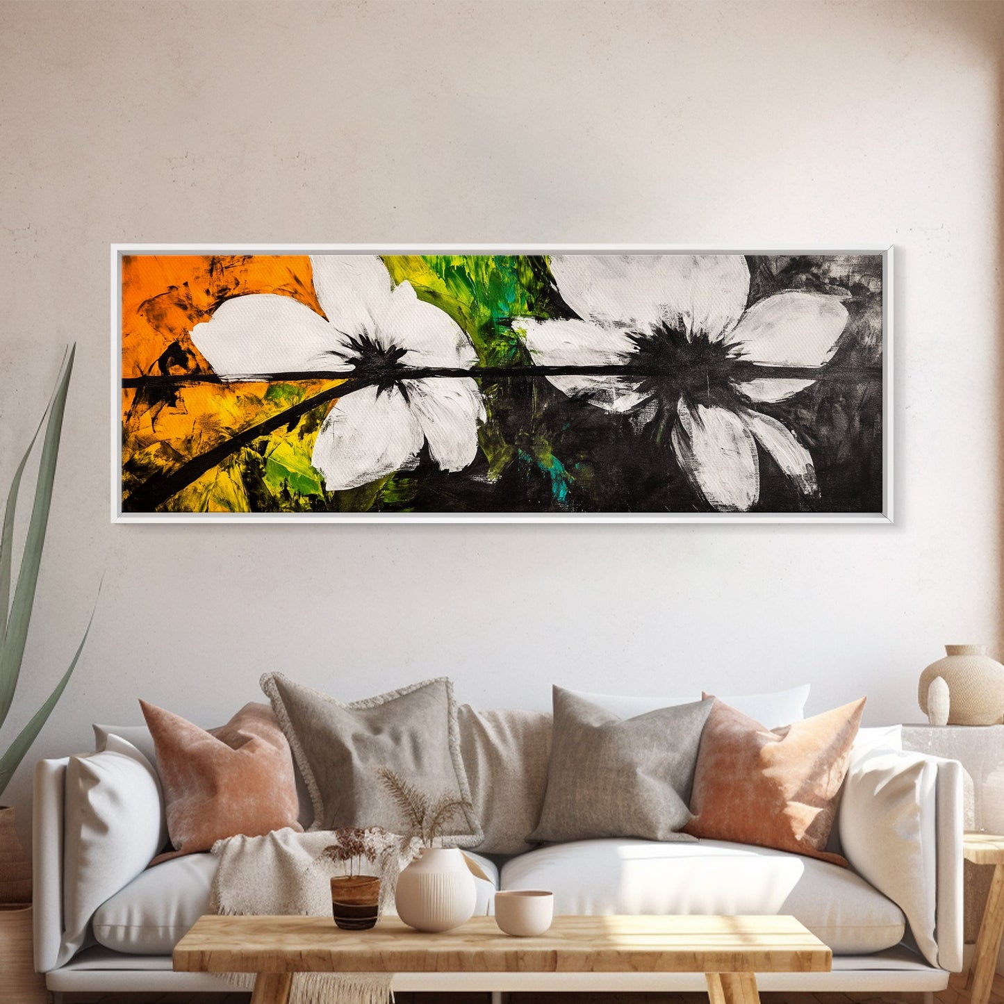 Floral Art, Black and White Flowers, Modern Botanical Art, Framed Canvas Print, Minimalist Wall Art, Bedroom Decor