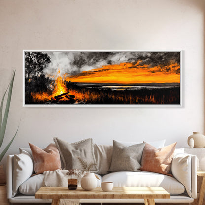 Sunset Bonfire, Rustic Art, Cozy Cabin Decor, Canvas Print, Fall Landscape, Nature Wall Art, Warm Glow Artwork, Mountain Retreat Art