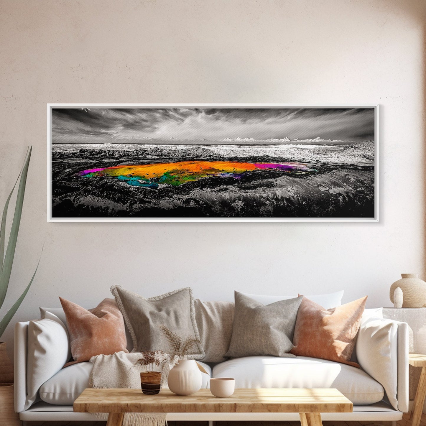 Vibrant Ocean Rock, Colorful Pool, Dramatic Sky, Canvas Print, Abstract Seascape, Modern Wall Art, Unique Art Piece, Living Room Decor