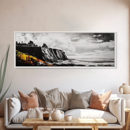 Coastal Cliff Painting, Black and White Seascape, Ocean View Artwork, Modern Nautical Decor, Beach House Wall Art, Framed Canvas Print