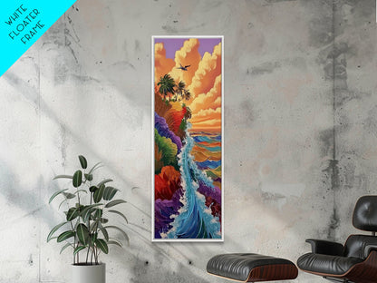Rainbow Cliff, Ocean Waves, Sunset Coast, Framed Canvas Print, tropical beach decor, vibrant boho wall art, coastal entryway painting