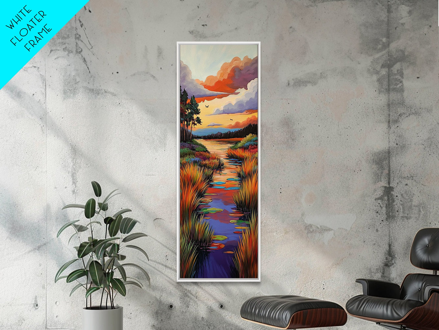 Autumn, River, Sunset, Painting, Framed Canvas Print of colorful river marsh landscape, Fall wall decor, rustic living room boho art