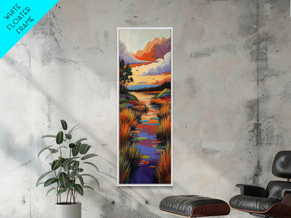 Autumn, River, Sunset, Painting, Framed Canvas Print of colorful river marsh landscape, Fall wall decor, rustic living room boho art