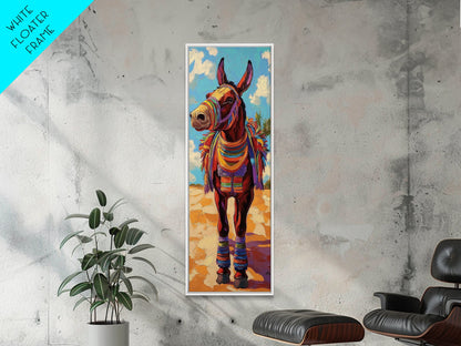Donkey, Fiesta, Colorful, Fun, Framed Canvas Print with southwestern folk art, playful animal design, boho kids room, kitchen decor