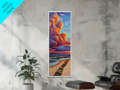 Ocean, Sunset, Blankets, Beach - Framed Canvas Print, Cozy Coastal Wall Art, Warm Sunset Beach Decor, Serene Bedroom, Entryway Accent