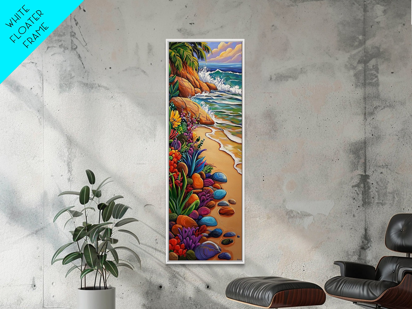 Beach, Plants, Vibrant, Tropical - Canvas Print, Colorful Coastal Art, Tropical Wall Decor, Boho Beach House Accent, Summer Canvas Piece