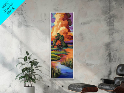 Autumn Marsh, Sunset Glow, Serene Trees, Framed Canvas Print, warm fall landscape art, peaceful country home decor, boho wall design