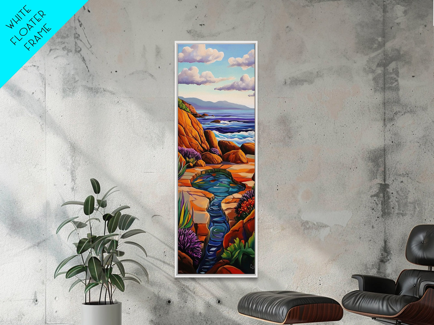 Waves Rocks, Ocean, Pastel, Framed Canvas Print, Crashing wave pastel seascape painting, calming ocean wall decor, coastal home design