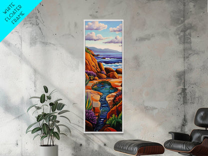 Waves Rocks, Ocean, Pastel, Framed Canvas Print, Crashing wave pastel seascape painting, calming ocean wall decor, coastal home design