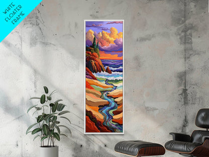 Sunset Coast, Stream Meets Ocean, Abstract Nature, Framed Canvas Print, Fall Wall Art, Colorful Beach Living Room Decor
