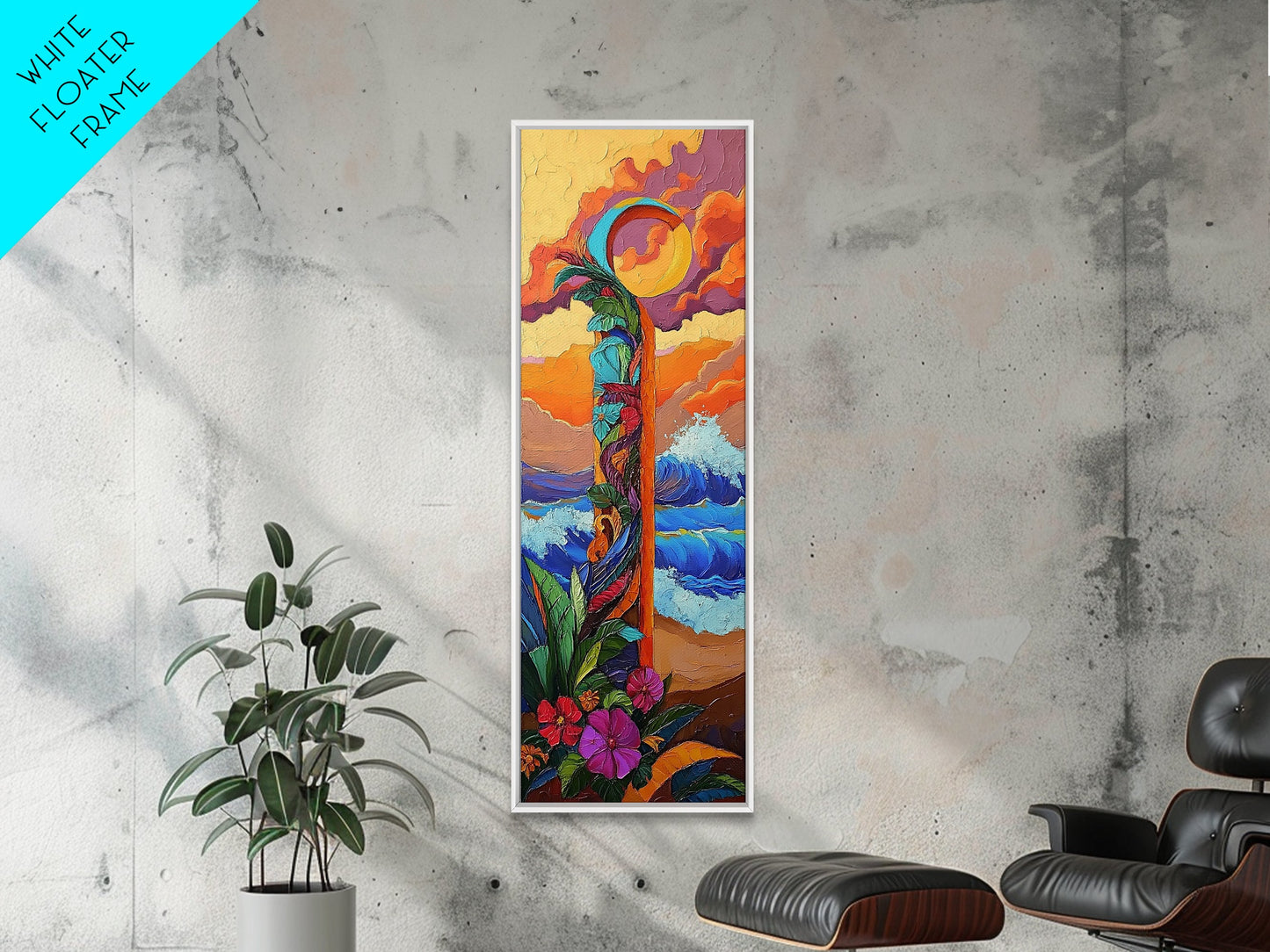 Sunset Waves, Flowers, Canvas Print, Tropical sunset beach painting with waves and floral details, boho decor, hallway wall art