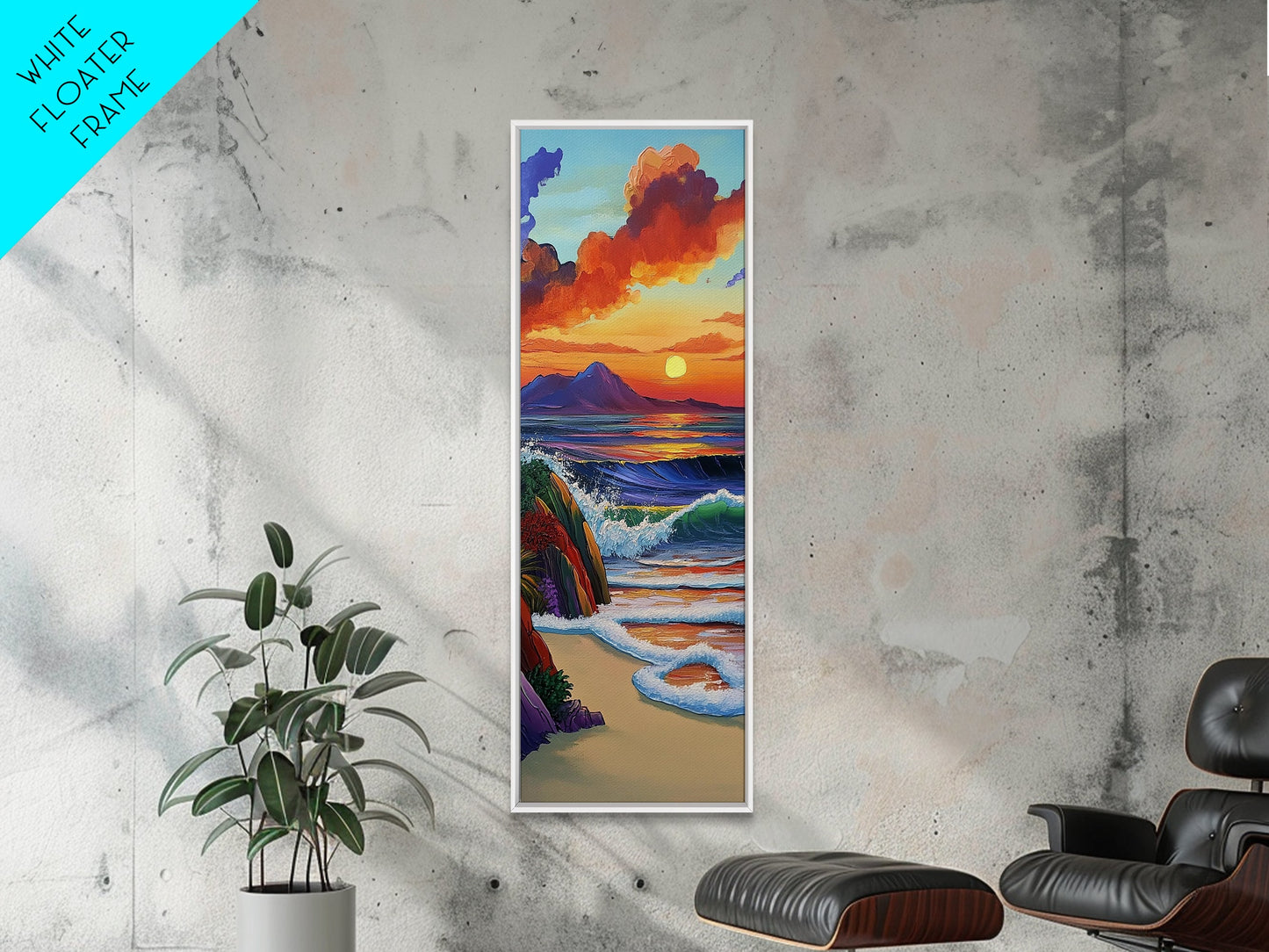 Sunset Waves, Shore, Coastal Framed Canvas Print beach sunset wall art, vibrant ocean wave decor, tropical boho art, iving room art