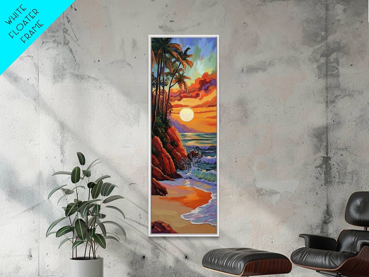 Tropical Sunset, Palms, Beach Framed Canvas Print vibrant tropical sunset scene, palm tree ocean art, vacation vibes, hallway wall print