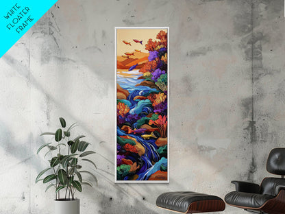 Fish Stream, Fantasy Whimsical — Framed Canvas Print, colorful river painting, kids room aquatic wall art, fantasy nature scene, boho decor