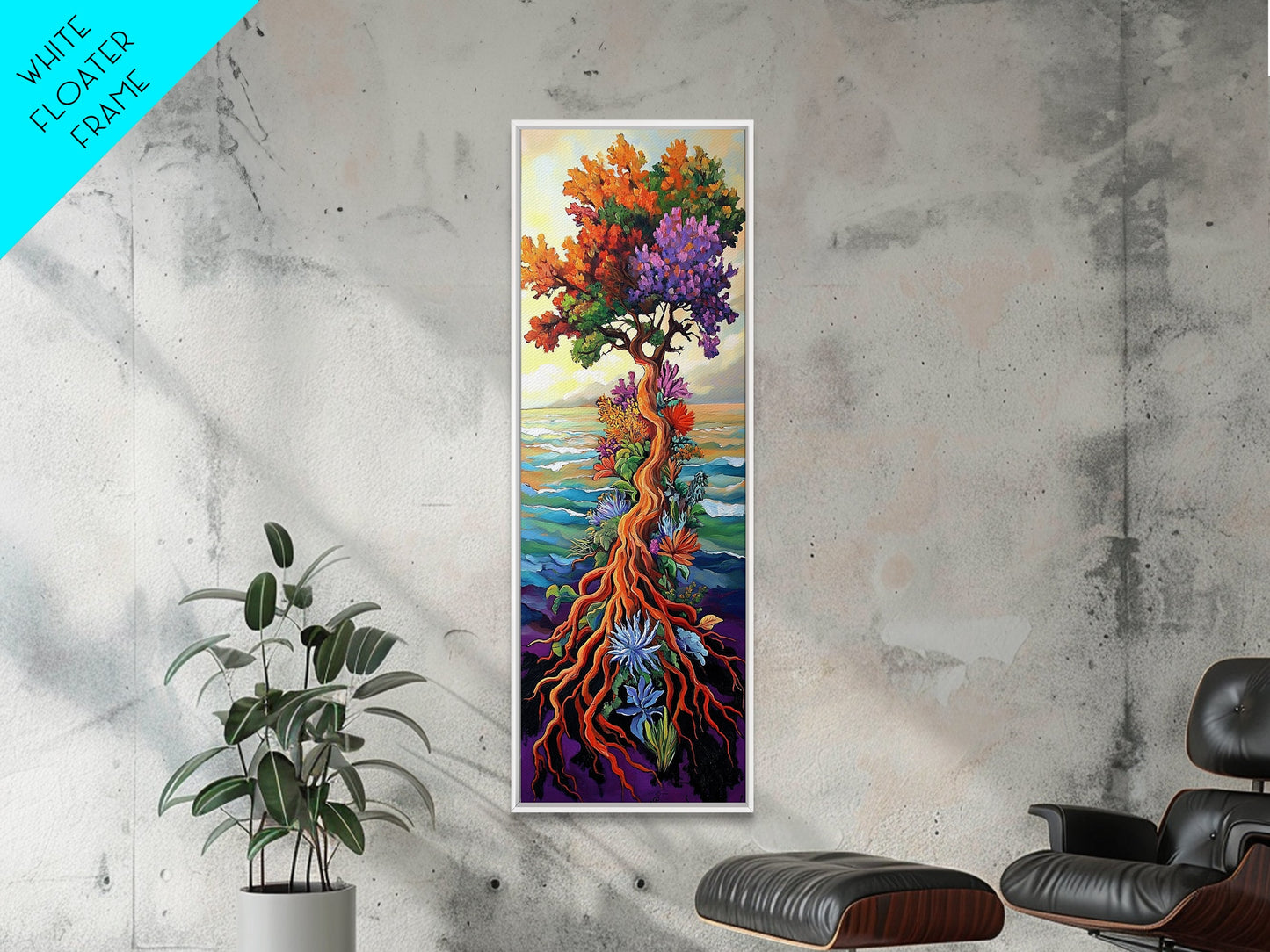 Tree of Life, Vibrant Roots, Abstract Nature Scene, Framed Canvas Print, Bohemian Home Art, Whimsical Bedroom Decor, Colorful Spiritual Art