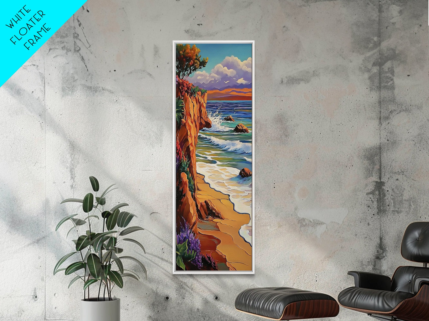 Ocean Cliff, Waves, Bold - Framed Canvas Print, coastal wall décor, colorful beach house art, fall inspired seascape, bedroom wall piece