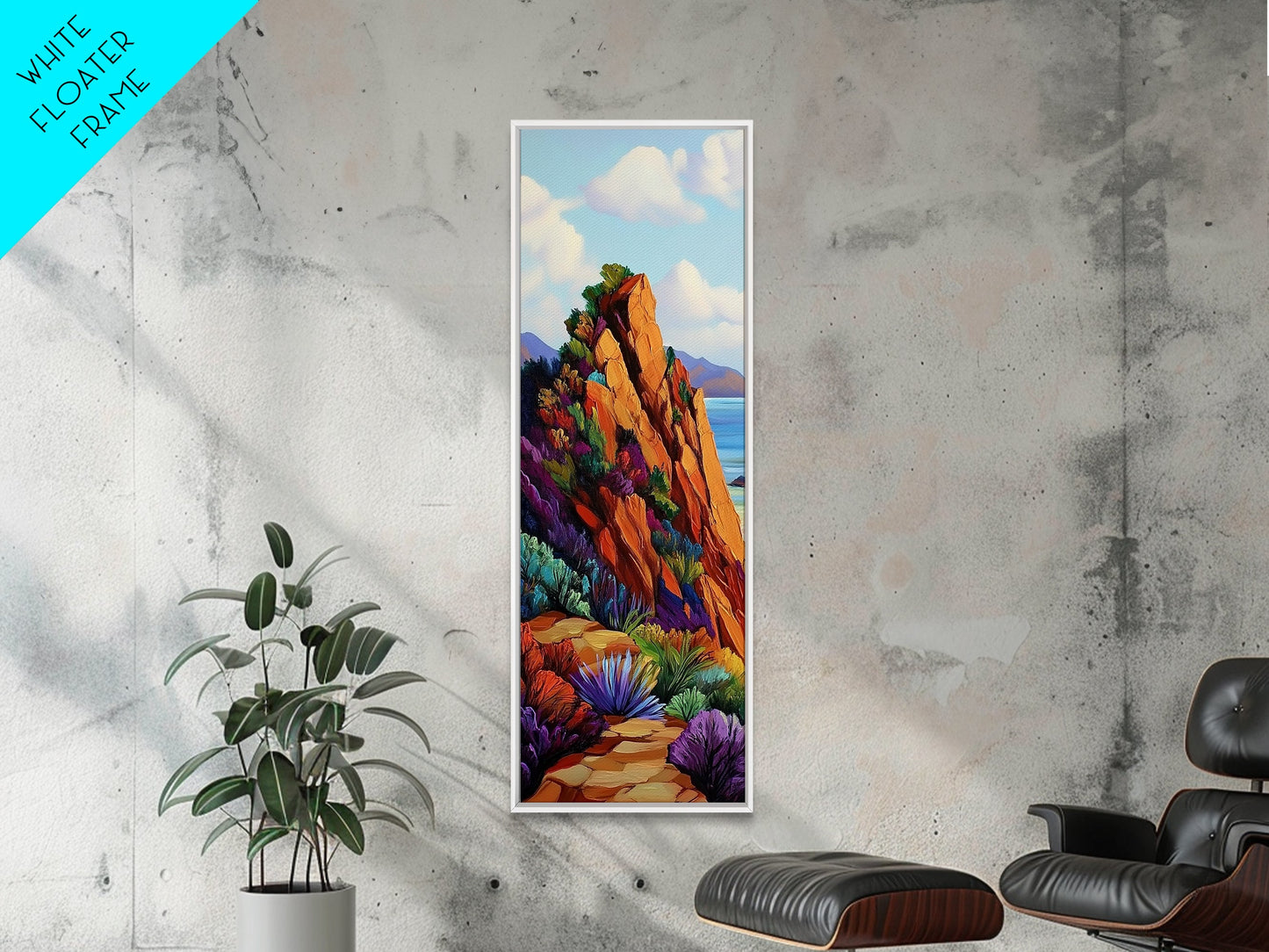 Cliff Trail, Seaside, Vista, Framed Canvas Print, nature hiking trail painting, boho wall decor, mountain sea view artwork, living room print