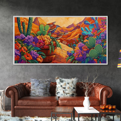 Birds Cactus, Blossoms, Bright Nature Framed Canvas Print, Desert Floral Wall Decor, Southwest Living Room Boho Wall Art