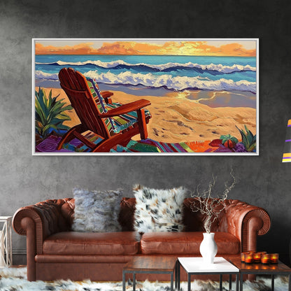 Chair Ocean, Sunset, Framed Canvas Print, Tranquil Beach Chair Painting, Relaxing Seaside Wall Decor, Zen Office Artwork
