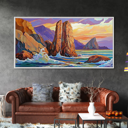 Ocean Rocks, Waves, Sunrise, Framed Canvas Print, Coastal Landscape Art, Nautical Beach Wall Decor, Ocean Sunset Art, Bedroom Accent