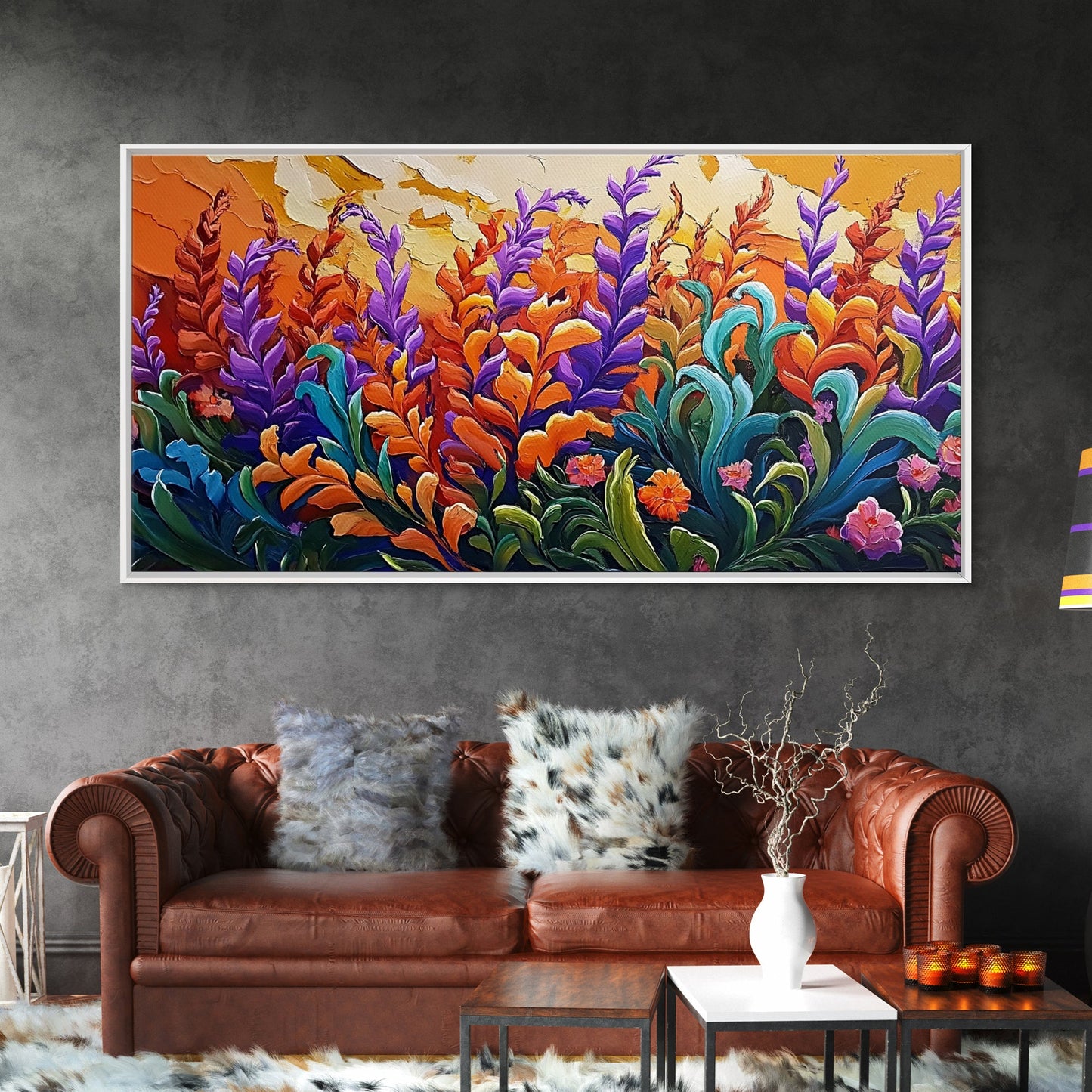 Flowers Sunset, Vibrant, Nature, Framed Canvas Print, Fall Wildflower Art, Boho Floral Wall Decor, Kitchen or Entryway Accent