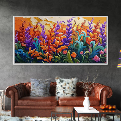 Flowers Sunset, Vibrant, Nature, Framed Canvas Print, Fall Wildflower Art, Boho Floral Wall Decor, Kitchen or Entryway Accent
