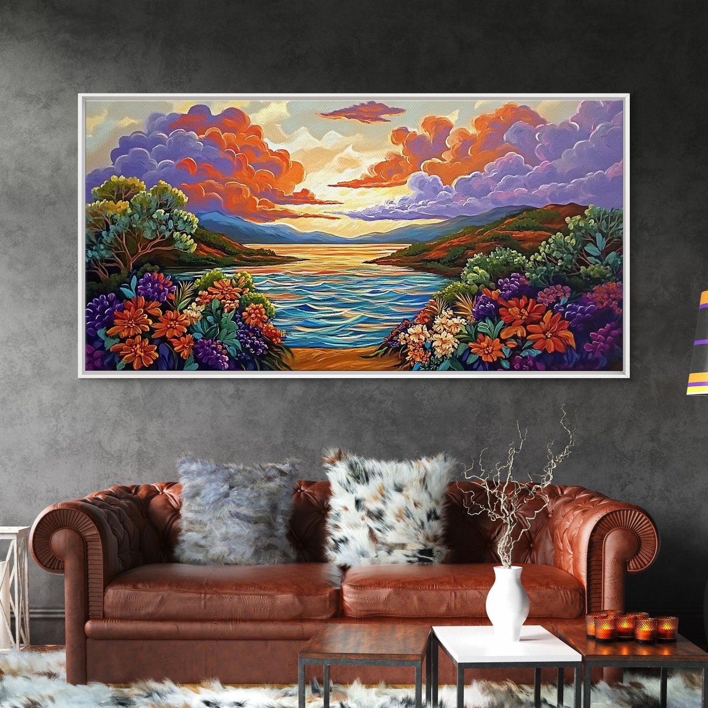 Sunset Floral, Lake, Garden, Framed Canvas Print, romantic nature painting, bedroom wall art, bright flower garden decor, sunset print