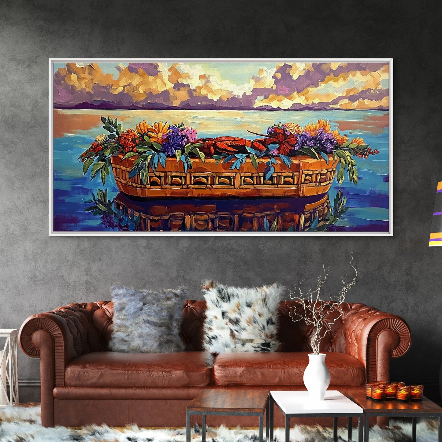 Lobster Basket, Florals, Coastal, Canvas Print, Nautical seafood kitchen wall art, whimsical ocean dining decor, coastal flower boho art