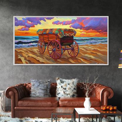 Beach Wagon, Sunset, Decor, Framed Canvas Print western wall art, desert decor, living room boho art, rustic coastal art, beach house